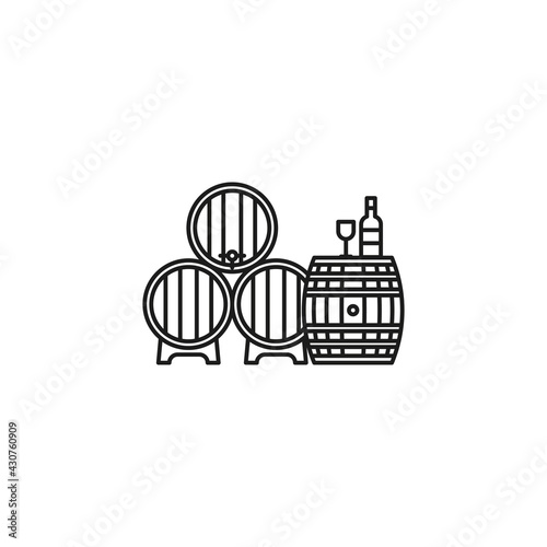 Wine tasting vector line icon with barrels, glass, bottle