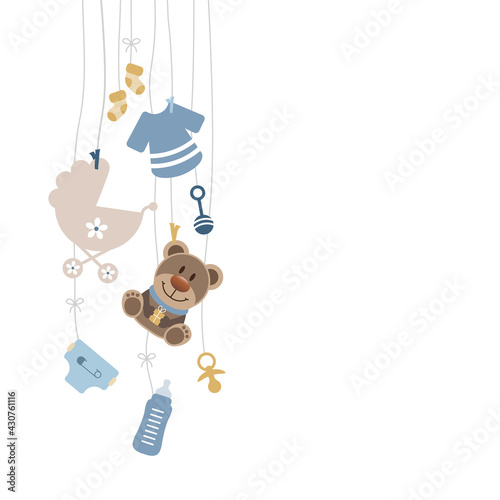 Links Hängende Babysymbole Junge Mit Teddy Retroblau Senfgelb