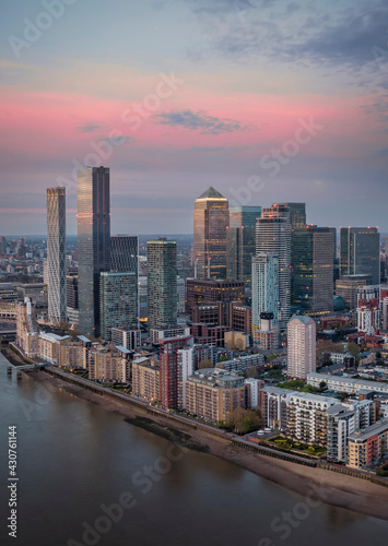 The modern skyscrapers of Canary Wharf in London  United Kingdom  during sunset time