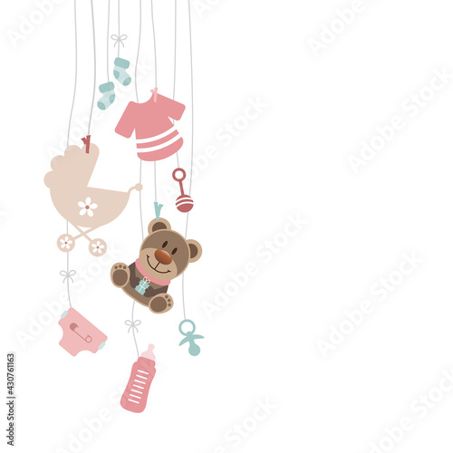 Links Hängende Babysymbole Mädchen Mit Teddy Rosa Mintgrün