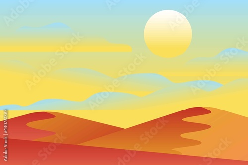 Landscape with waves. Blue sun set sky. Yellow  orange  pink and red mountains silhouette. Sandy desert dunes. Nature and ecology. Horizontal orientation. Social media  post cards and posters