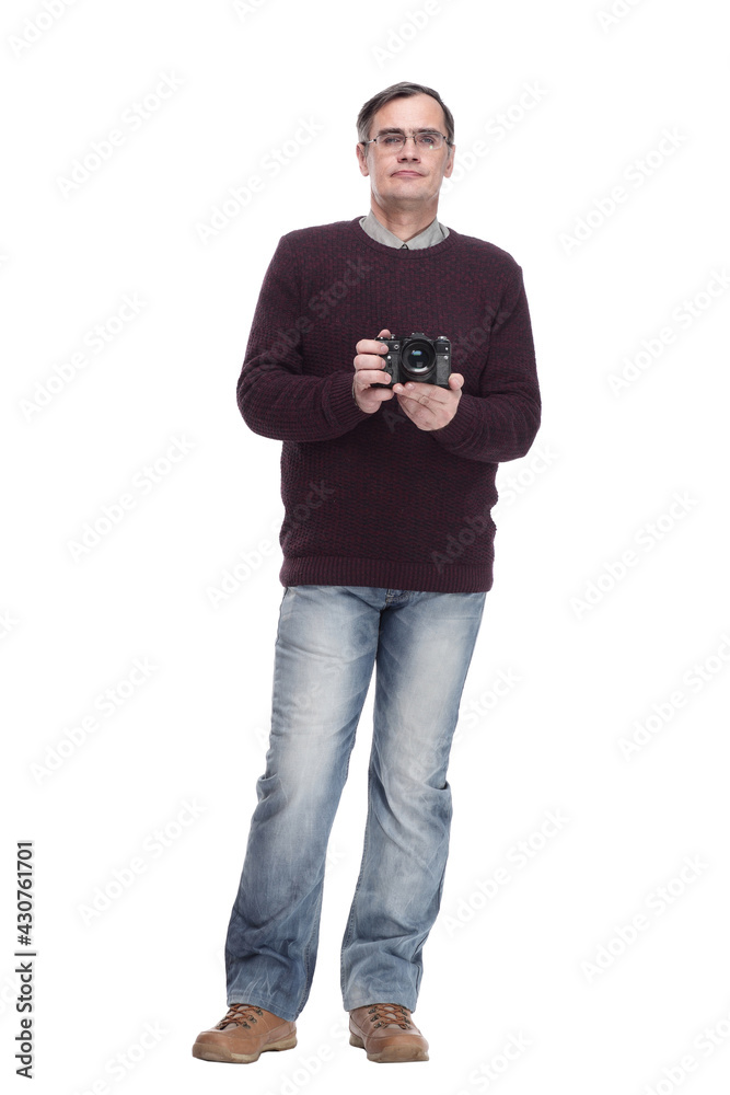 full-length.casual man with a camera. isolated on a white