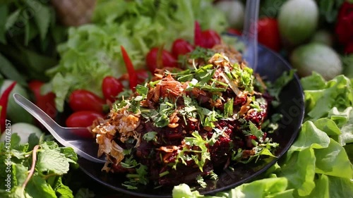Spicy minced beef or Raw beef salad or Larb Thai food in the northern of Thailand