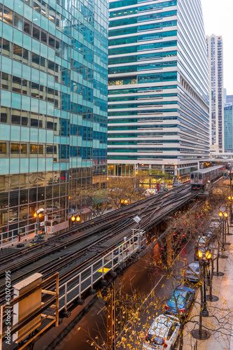 The loop long circuit of elevated rail that forms the hub of the Chicago "L" system in Chicago, Illinois.