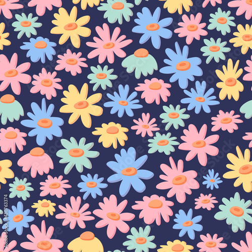 Daisy chamomile vector seamless pattern. Pretty floral summer background in small flowers. The elegant template for fashion prints. Hand-drawn design for paper, cover, fabric, interior decor.