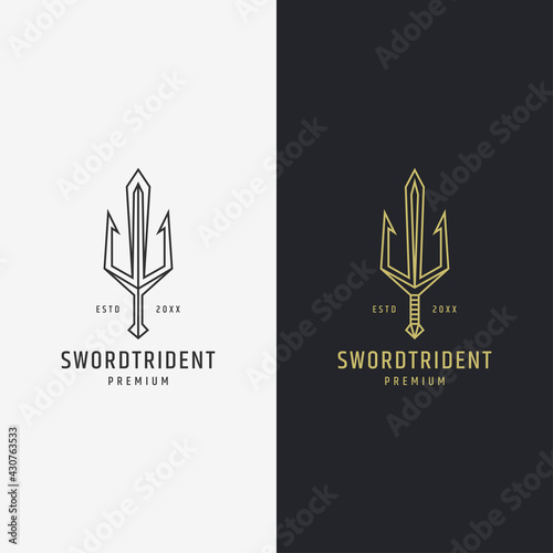Sword trident mono line logo icon design template flat vector illustration