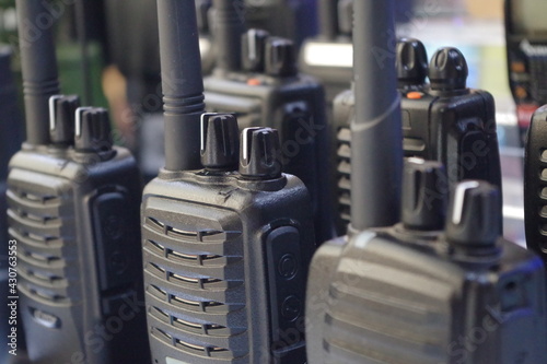 Portable radio transceiver sets for professionals or personal usage. Portable walkie talkie. Communication icon.