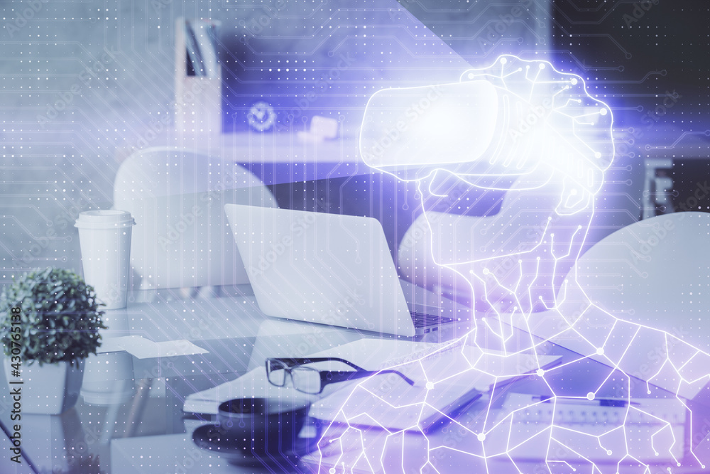 Double exposure of man in VR glasses drawing and office interior background. Concept of AR. Double exposure of man in VR glasses drawing and office interior background. Concept of AR.
