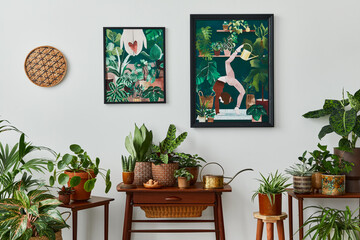 Domestic interior of living room with vintage retro shelf, a lot of house plants, cacti, wooden mock up poster frame on the white wall and elegant accessories at stylish home garden. Template.