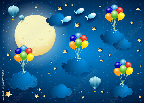 Starry sky with hanging balloons and clouds, vector illustration eps10