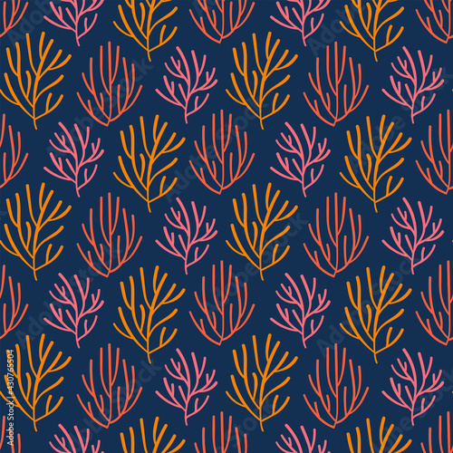Vector seamless pattern with seaweed. Multicolored algae hand-drawn doodles.
