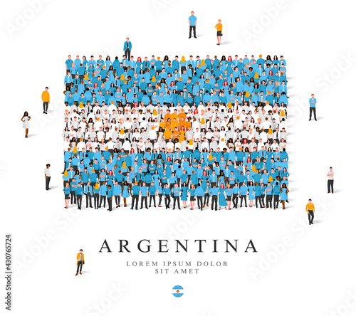 A large group of people are standing in blue, white and yellow robes, symbolizing the flag of Argentina.