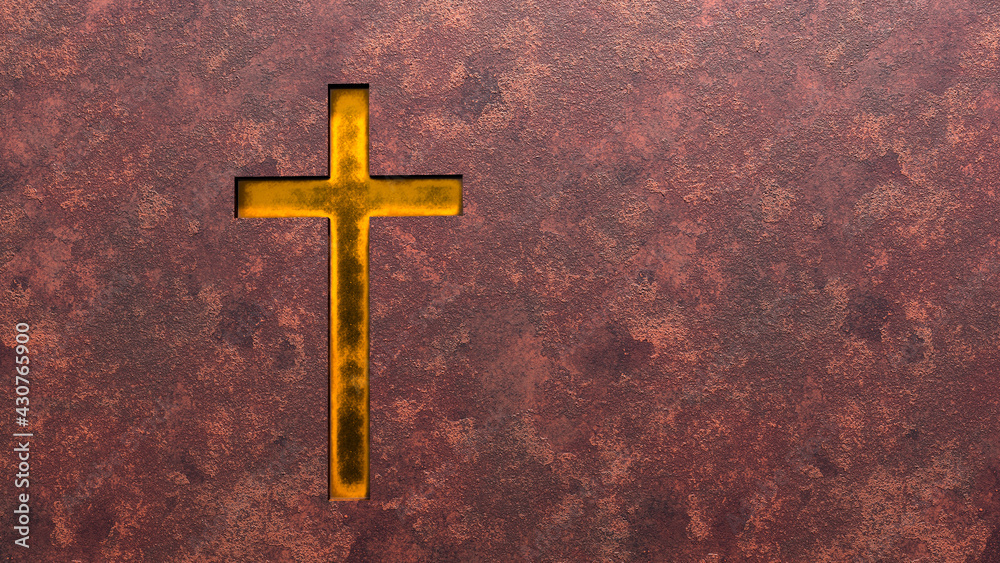 Concept or conceptual golden cross on a  rusted corroded metal or steel sheet backround. 3d illustration metaphor for God, Christ, religious, faith, holy, spiritual, Jesus, belief, resurection