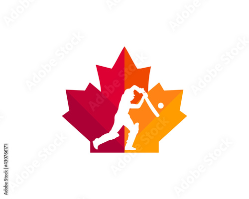 Canadian cricket batsman logo. Maple leaf with cricket batsman vector. Maple Cricketer logo design