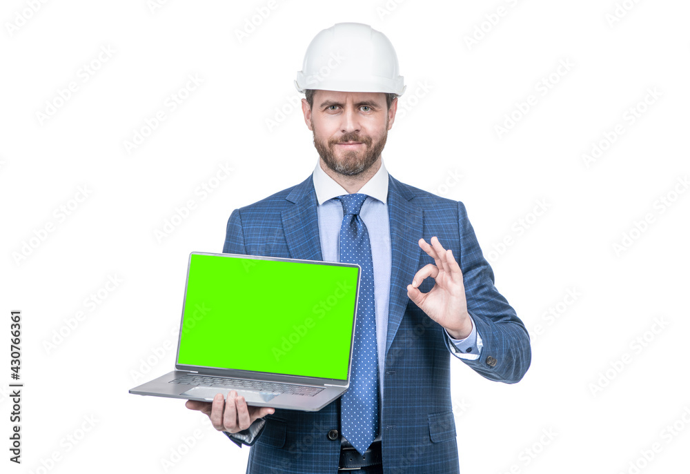 computer presentation. architect has video conference. ok. man in helmet demonstrating green screen. computer presentation. architect has video conference. ok. man in helmet demonstrating green screen.