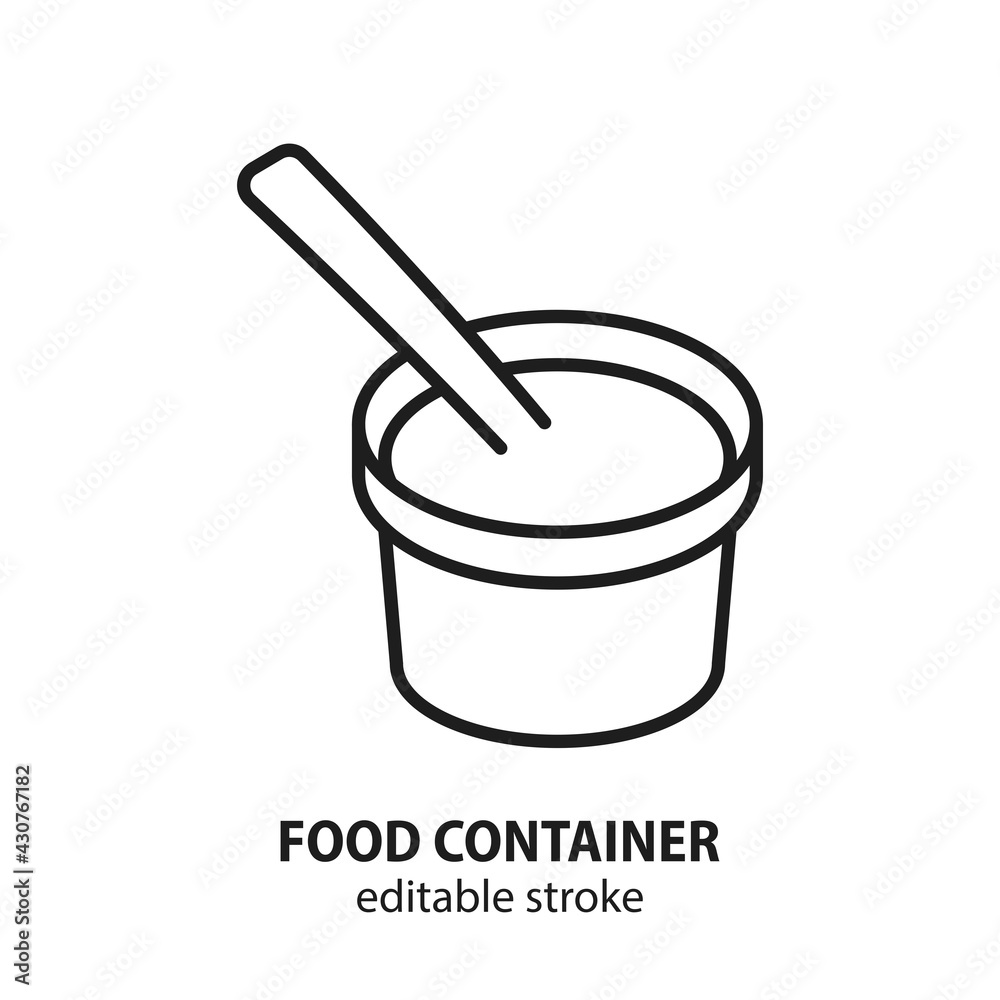 Food container with spoon. Take away vector sign. Delivery concept. Editable stroke. Food container with spoon. Take away vector sign. Delivery concept. Editable stroke.