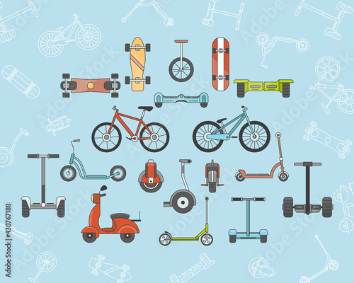 Electric transport Icons set - Vector color symbols and outline of scooter, skate, skateboard and bike for the site or interface