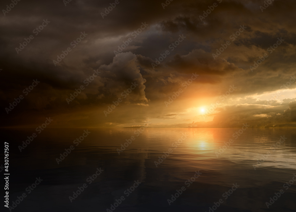 Sunset sky with clouds and sunlight reflect in water surface. Sunset sky with clouds and sunlight reflect in water surface.