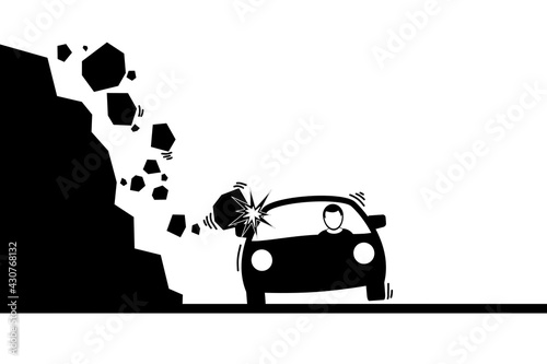 Illustration of a landslide striking a car with a white background.road sign. photo