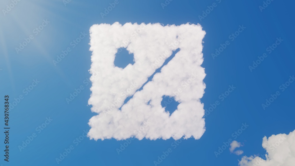 Naklejka premium 3d rendering of white clouds in shape of symbol of percent on blue sky with sun