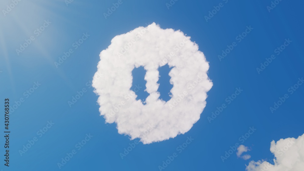 3d rendering of white clouds in shape of symbol of pause circle on blue sky with sun 3d rendering of white clouds in shape of symbol of pause circle on blue sky with sun