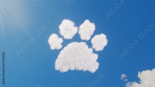 Photography 3d rendering of white clouds in shape of symbol of paw on blue sky with sun