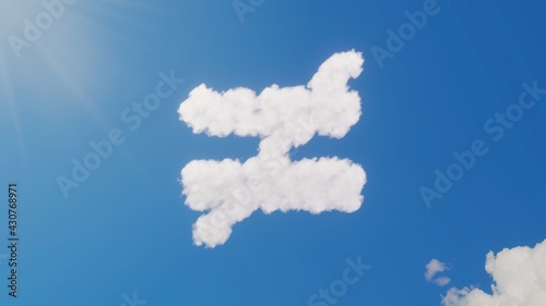 3d rendering of white clouds in shape of symbol of not equal on blue sky with sun