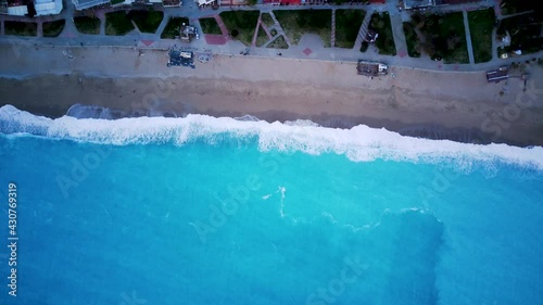 Amazing high angle top drone view on world famous paragliding and parasailing turkish spot for extrim parachute sport in Oludeniz in Fethiye, Turkey
