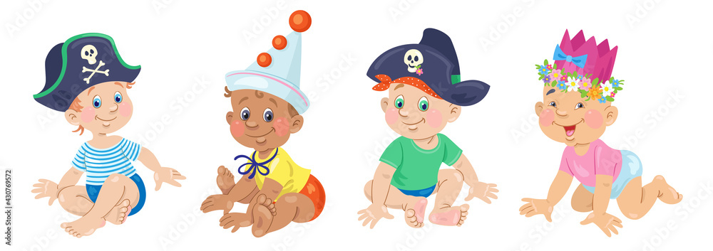 Four cute little babies in carnival costumes. Happy children of different nations. In cartoon style. Isolated on white background. Vector flat illustration Four cute little babies in carnival costumes. Happy children of different nations. In cartoon style. Isolated on white background. Vector flat illustration