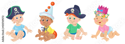 Four cute little babies in carnival costumes. Happy children of different nations. In cartoon style. Isolated on white background. Vector flat illustration