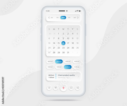 Calendar app light mode concept, Mobile activity calendar template UI UX, Smartphone calendar schedule agenda annual planning meeting application, Calendar events, Appointment, Event app, Vector phone