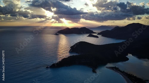 Amazing beautiful panoramic view from drone of natural park of Oludeniz and Fethiye blue lagoon and tranquil aquamarine dead sea.
