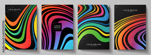 Modern creative rainbow cover design set. Abstract wavy colorful line pattern (curves) on black background. Creative stripe vector collection for business background page, brochure template, booklet,