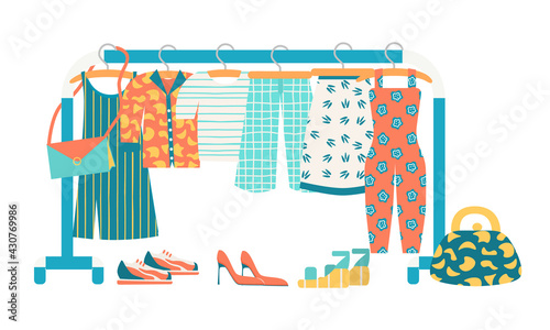 Racks with clothes on hangers. T-shirt, sundress, skirt, shirt, overalls and culottes in trendy color. Sneakers, shoes, sandals and bags. Flat vector illustration, isolated on a white