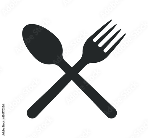 Fork and spoon crossed icon logo. Flat shape restaurant or cafe place sign. Utensil across. Kitchen and diner menu button symbol. Vector silhouette illustration image.