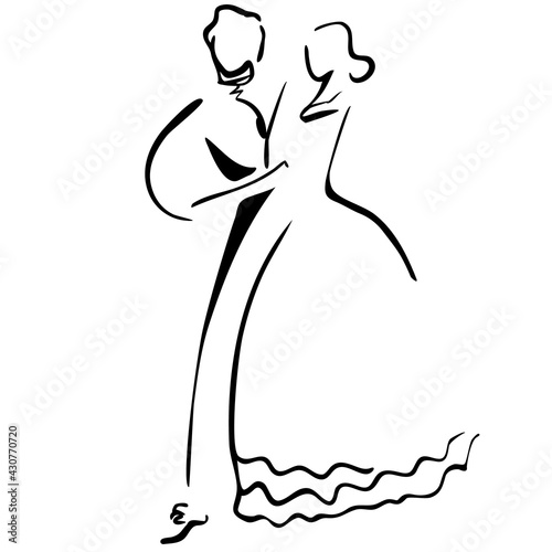 Abstract illustration of dancing couple made in line art style, for emblem.