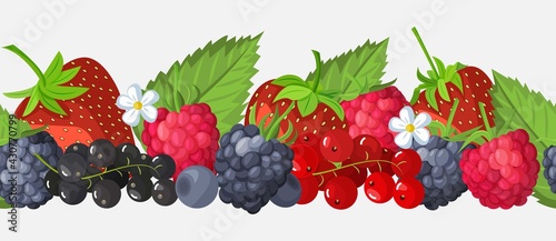 Seamless border of fruits and berries. Blueberries, currants, cherries, strawberries, blackberries, raspberries. Vector illustration