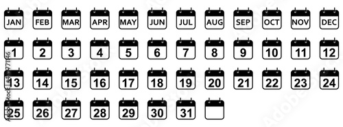 Every day and month of a year calendar icons. Set of black calendar icons. Vector illustration.