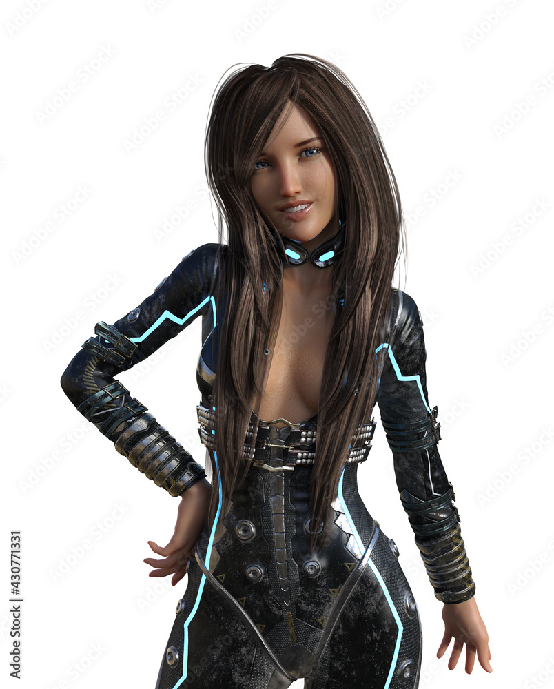 Illustration of the upper torso of a beautiful young woman with long brown hair with a hand on her hip Illustration of the upper torso of a beautiful young woman with long brown hair with a hand on her hip