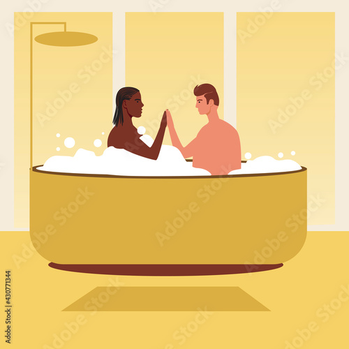 LGBTQ couple in bath, Flat vector stock illustration with taking bath at home or Homosexual man with boyfriend in bathroom
