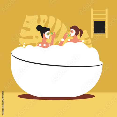 LGBTQ couple in bath, Flat vector stock illustration with Woman with girlfriend in bathroom during spa