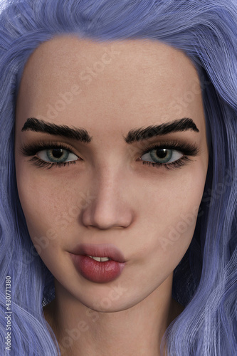 Принти на полотні Portrait illustration of a woman with lavender hair biting her inner cheek while looking straight ahead