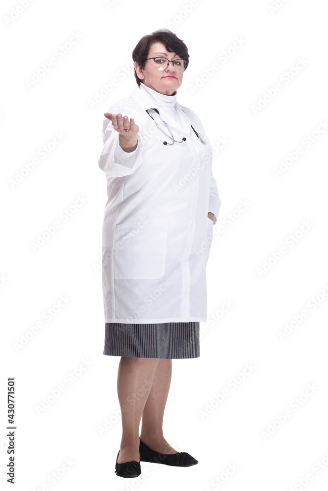 in full growth. senior female medic with a stethoscope . in full growth. senior female medic with a stethoscope .