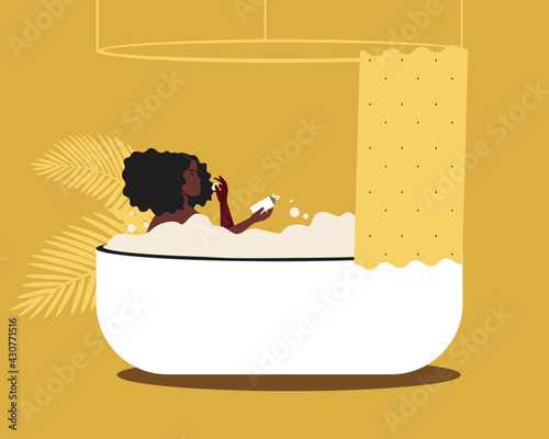 Afro woman, spa bath skin care, flat vector stock illustration with young african person with hair cream