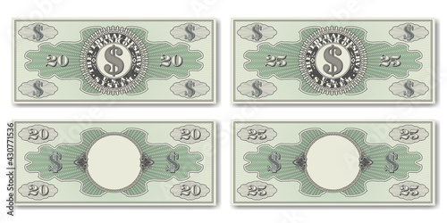 A set of fictional US paper money. Obverse and reverse of 20 and 25 dollar banknotes. Guilloche grids and shadows