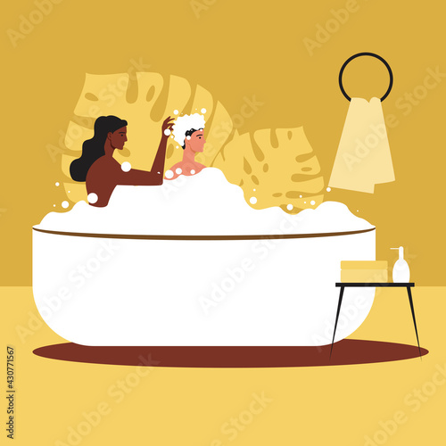 Couple washing hair together, flat vector stock illustration with woman and man together take bath as concept of washing hair