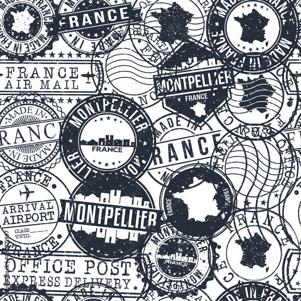 Montpellier France Stamps Background. City Stamp Vector Art. Postal Passport Travel. Design Set Pattern.