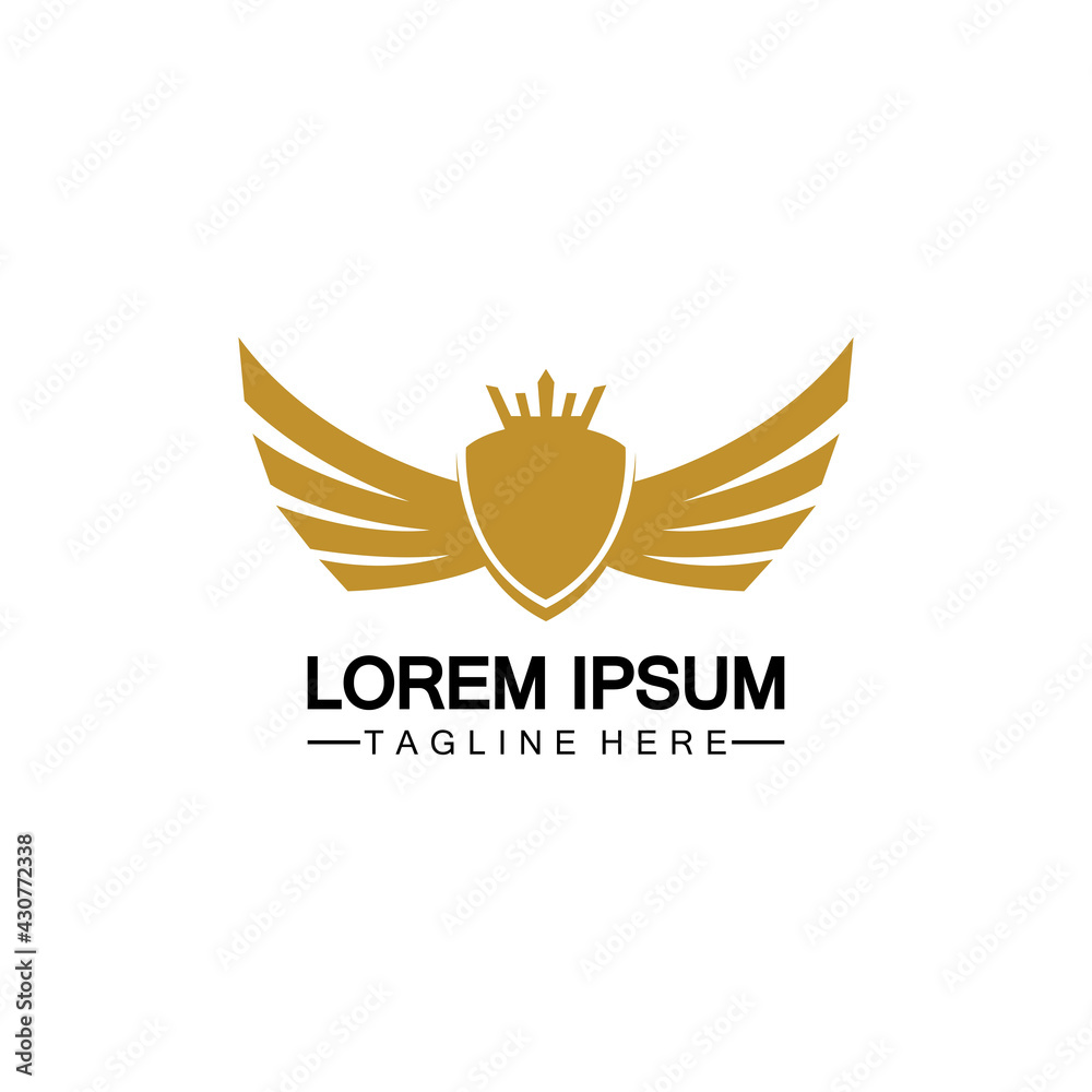 Obraz premium Golden winged shield with crown logo / heraldry symbol isolated white background