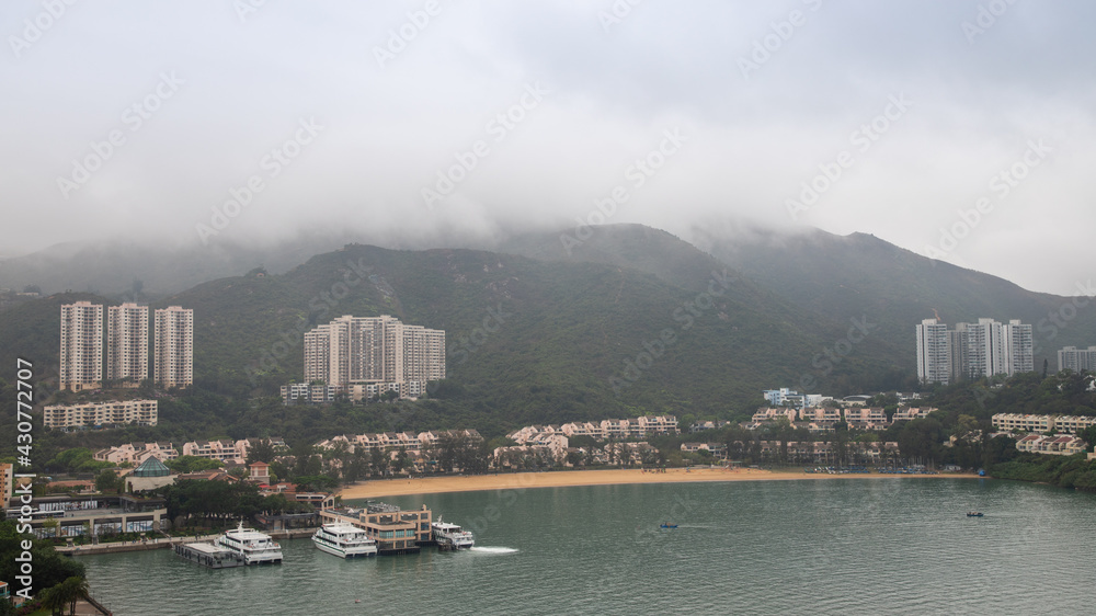 27 2 2021 beach and sea in discovery bay, Lantau Island, hong kong in a foggy and cloudy day