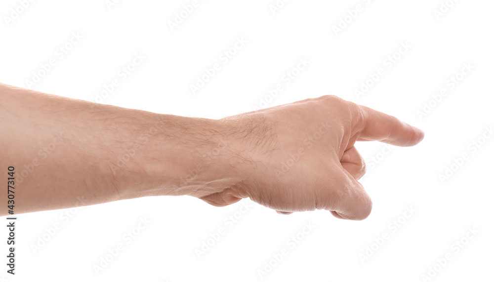 Man pointing with index finger on white background, closeup Man pointing with index finger on white background, closeup